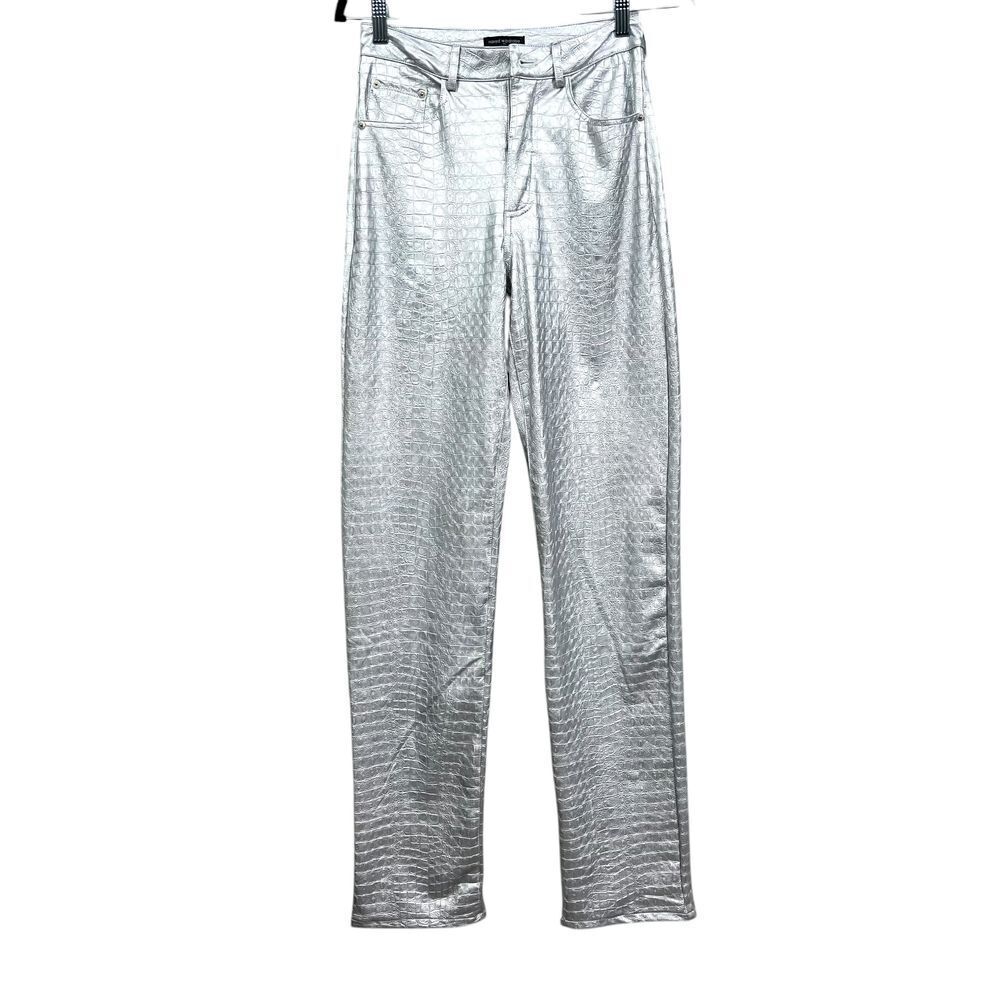 Naked Wardrobe Women Pants Silver Metallic Faux Leather Crocodile Pattern Sz XS*
